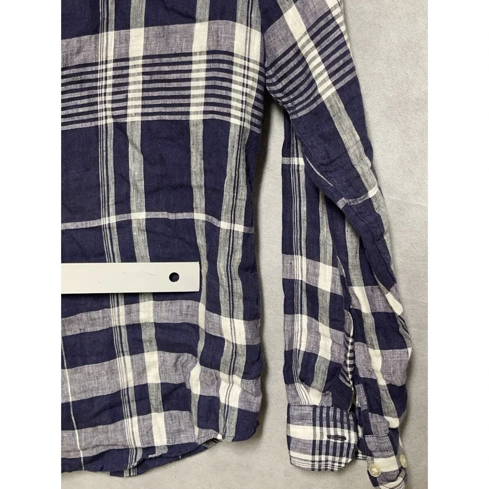 Banana Republic Shirt Men M Blue Plaid Linen Slim Button Up‎ Academia Vacation